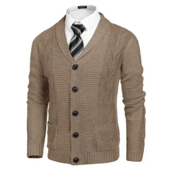 New Men's Shawl Collar Cardigan Sweater Khaki - Picture 1 of 7